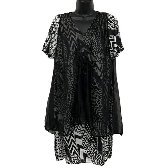 Jerry T New York Dress Black White Geometric Sheer Overlay - Picture 1 of 6